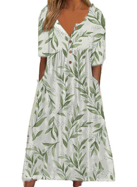 2022 summer new fashion print V-neck button dress 连衣裙