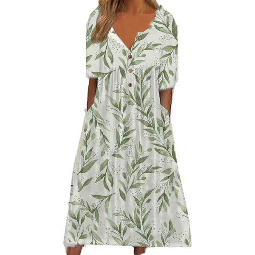 2022 summer new fashion print V-neck button dress 连衣裙