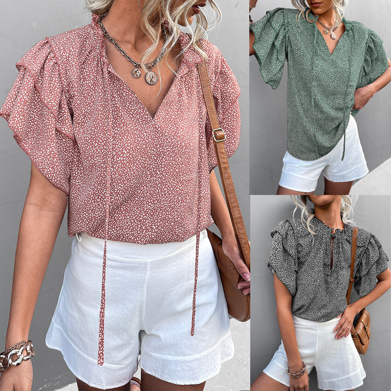 women's summer lace-up v-neck printed top casual t-shirt