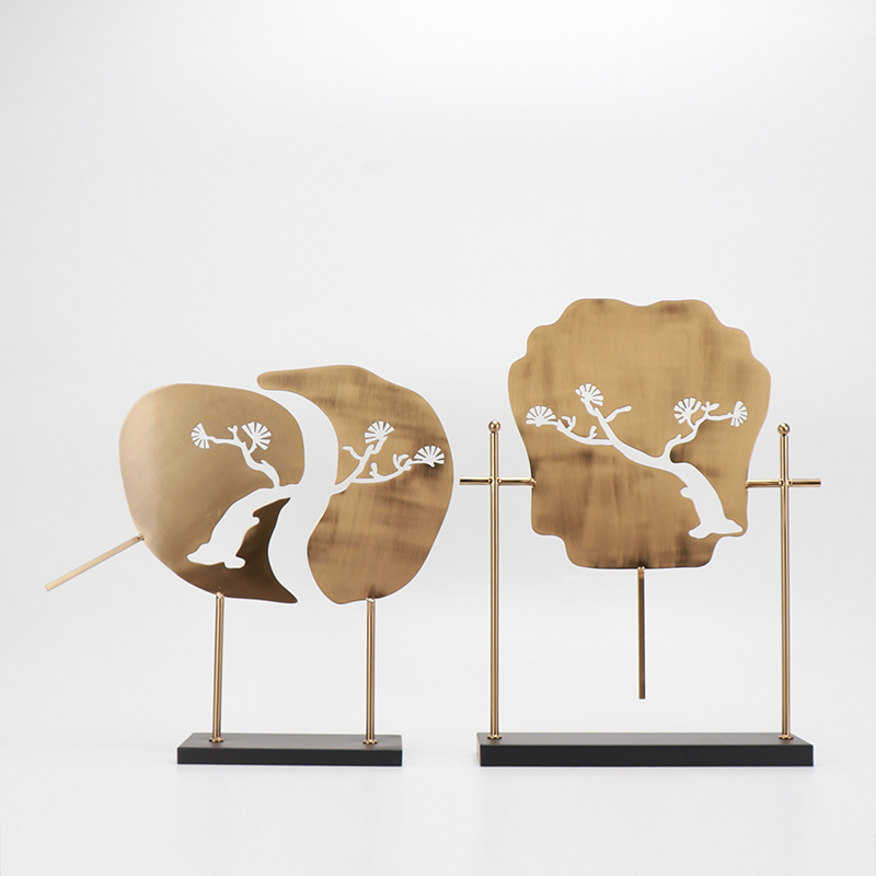 新中式金属迎客松扇子摆件样板房软装摆设博古架客厅玄关装饰品