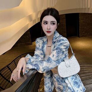 西服套装女款2023秋季新款港味复古设计感扎染休闲宽松薄款两件套