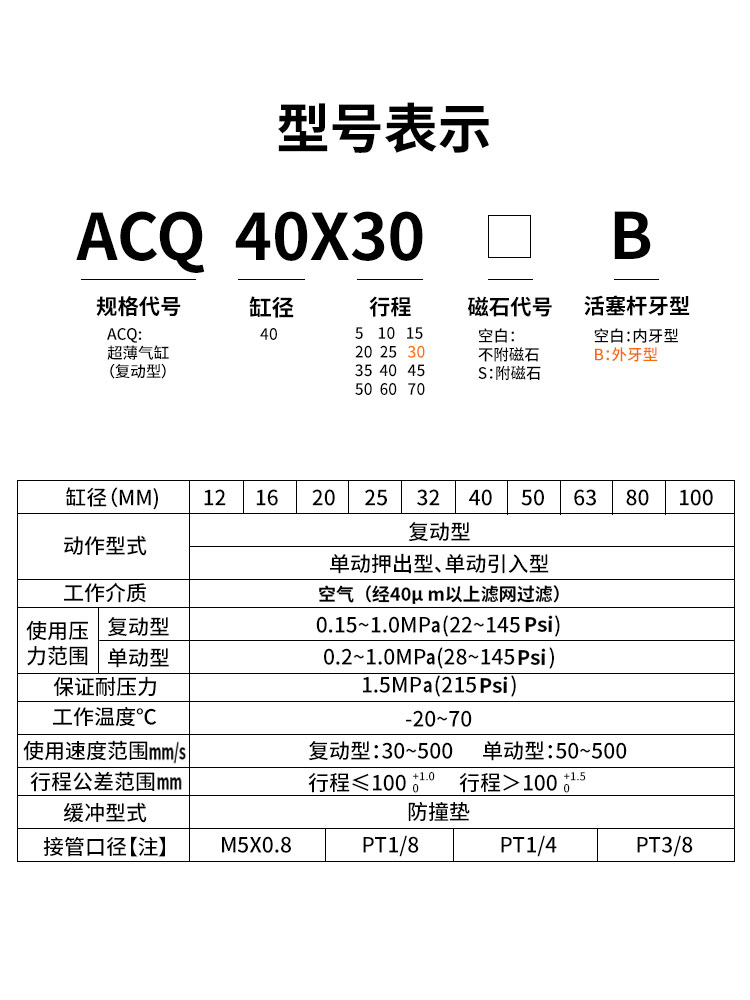 星辰外牙薄型气缸ACQ12/16/20/25/32-40-50-10-15-20-30-50-75S-B