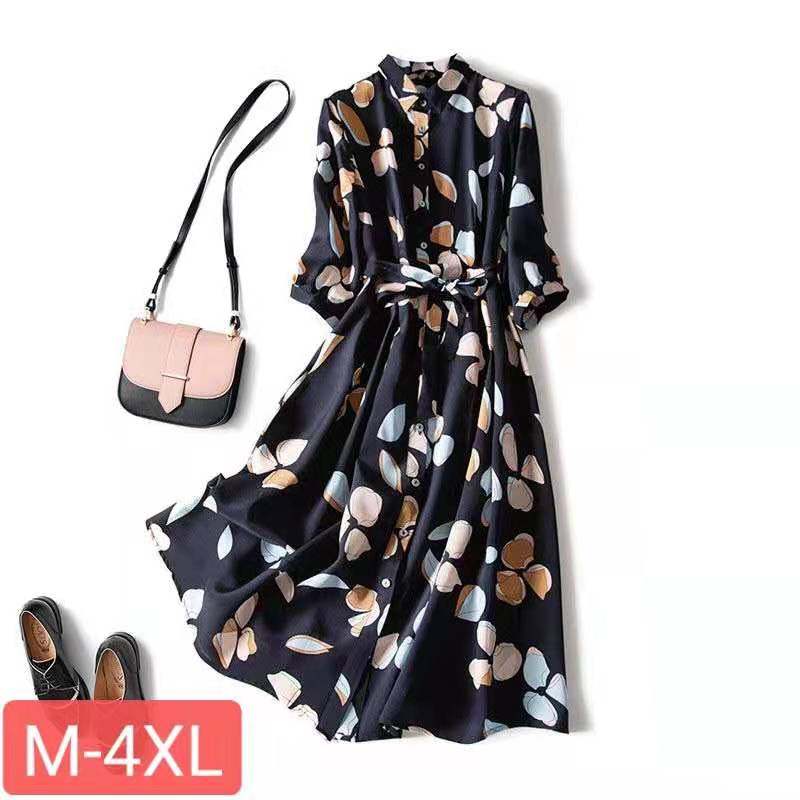 4XL 2023autumn winter women print shirt dress ladies dresses - 实物图