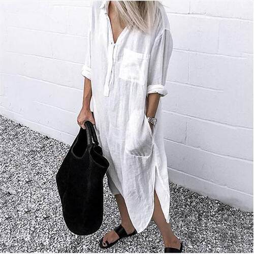 Split Dresses Solid Color Loose Work Office Dress Tunic Robe