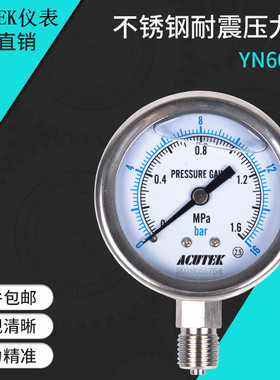 ACUTEK 304不锈钢耐震压力表YN60BF 1.6MPA M14*1.5 耐高温压力表