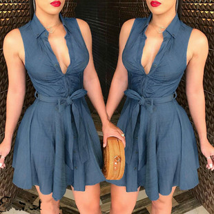 Blue Belt Party Short Dress V Neck Strap Fashion Sexy Summer