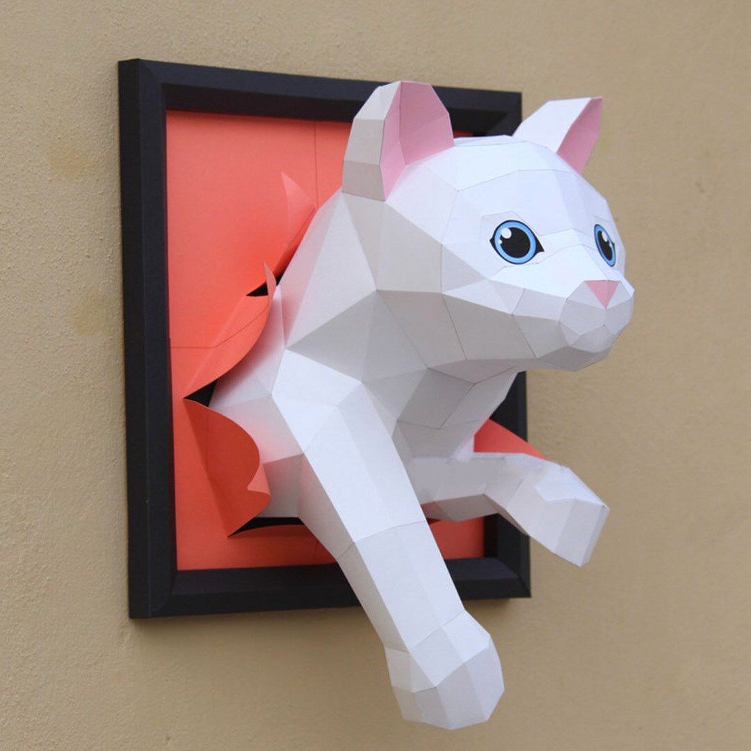 爬窗户的猫 可爱动物3d创意纸模型摆件装饰diy手工折纸互动