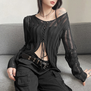 Bandage Blouse Grunge Black Casual Sexy Knitwear T-shirt Y2k