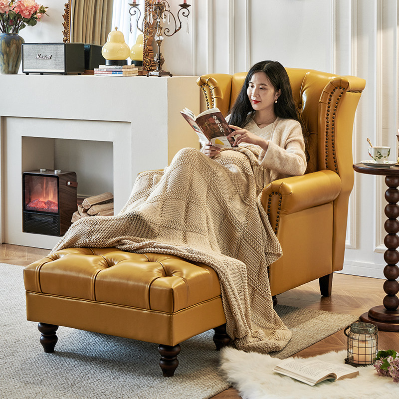 美式老虎椅黄色真皮头层牛皮客厅单人椅休闲椅子卧室高背单椅沙发