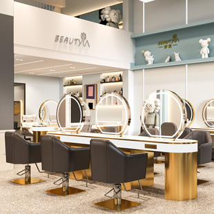 新款理发店镜台剪发镜不锈钢人造大理石染烫桌子一体带灯美发镜子