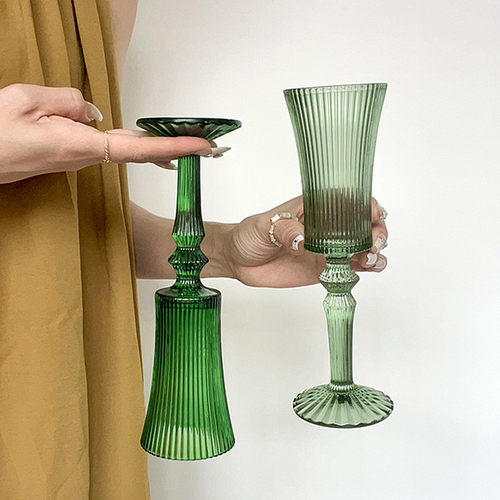 小众中古绿色条纹高脚杯