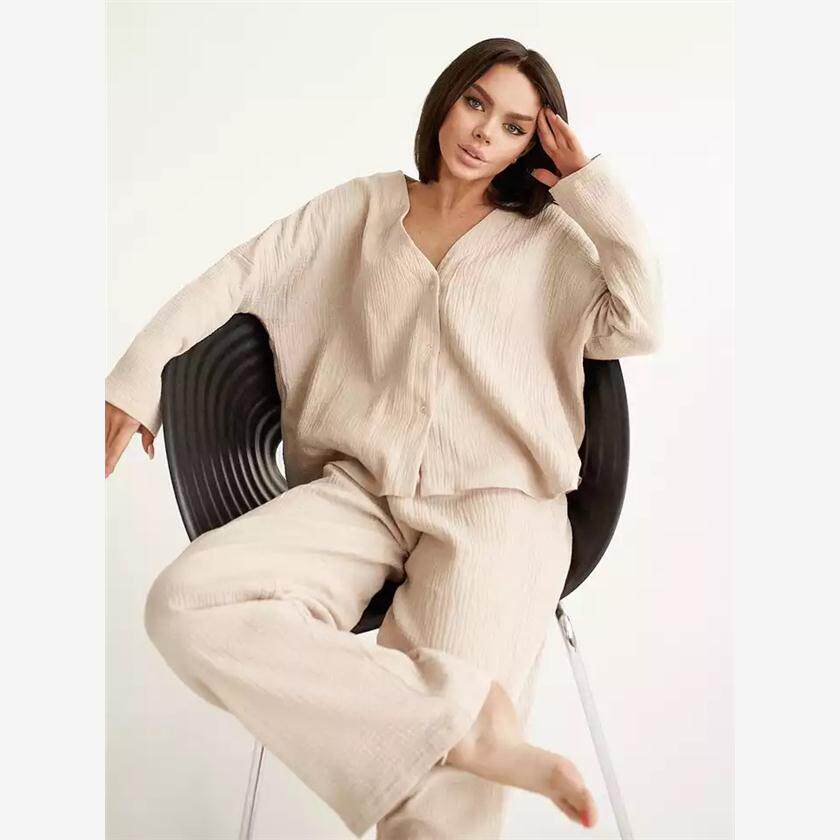 Cotton Sleepwear Trouser Suits Set Woman 2 Pieces Loungewear