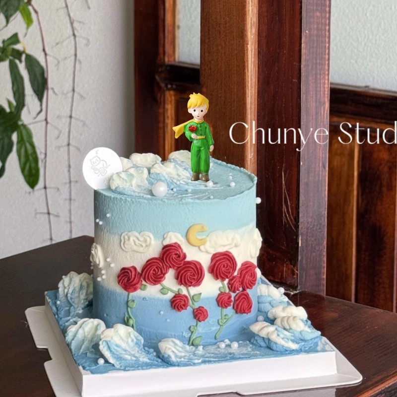 七夕情人节蛋糕装饰拿玫瑰小王子树脂摆件情侣告白表白烘焙装扮
