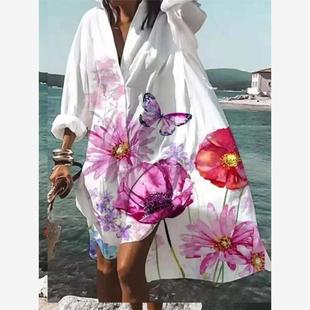 波西米亚度假风宽松大码女V领长袖连衣裙oversize长袖衬衫裙子夏