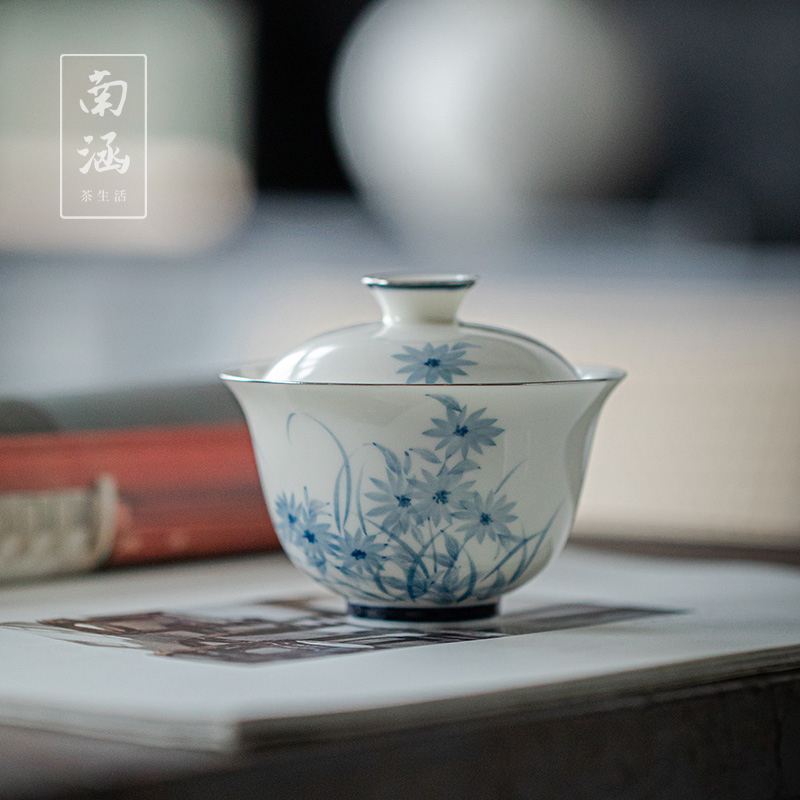 南涵手绘釉下彩玉瓷盖碗