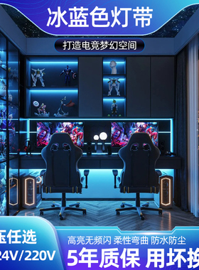电竞房冰蓝色灯带led自粘12v24V蓝色酒店220V氛围灯条户外防水