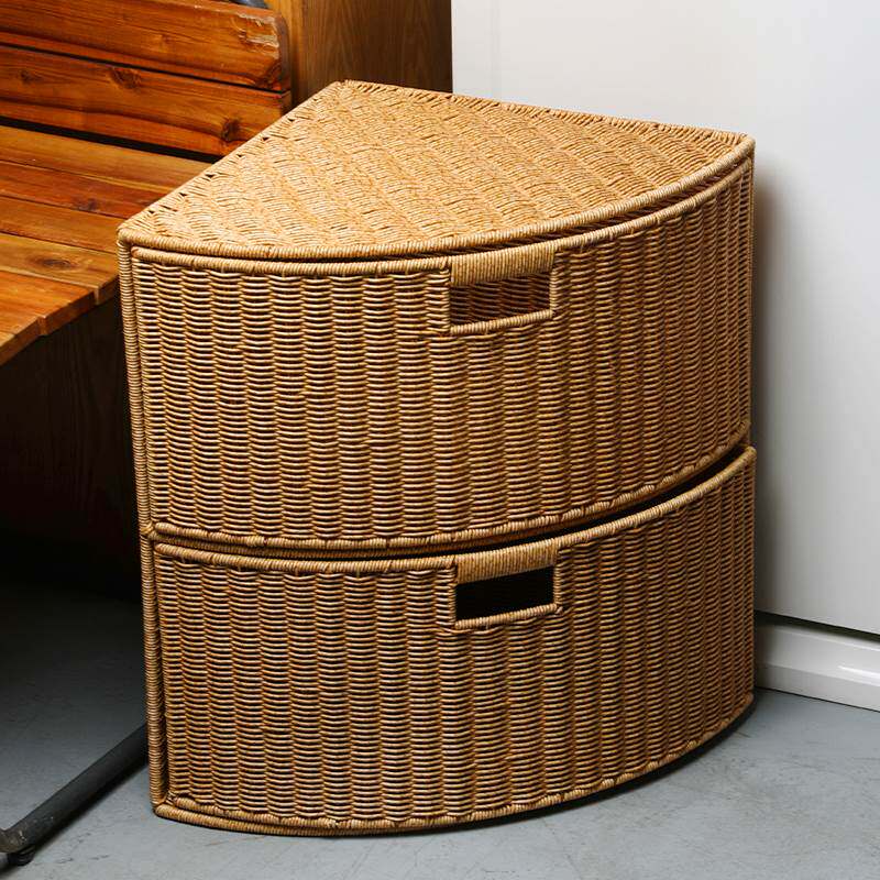 扇形置物架客厅转角收纳柜仿藤编织二层整理筐三角抽屉篮