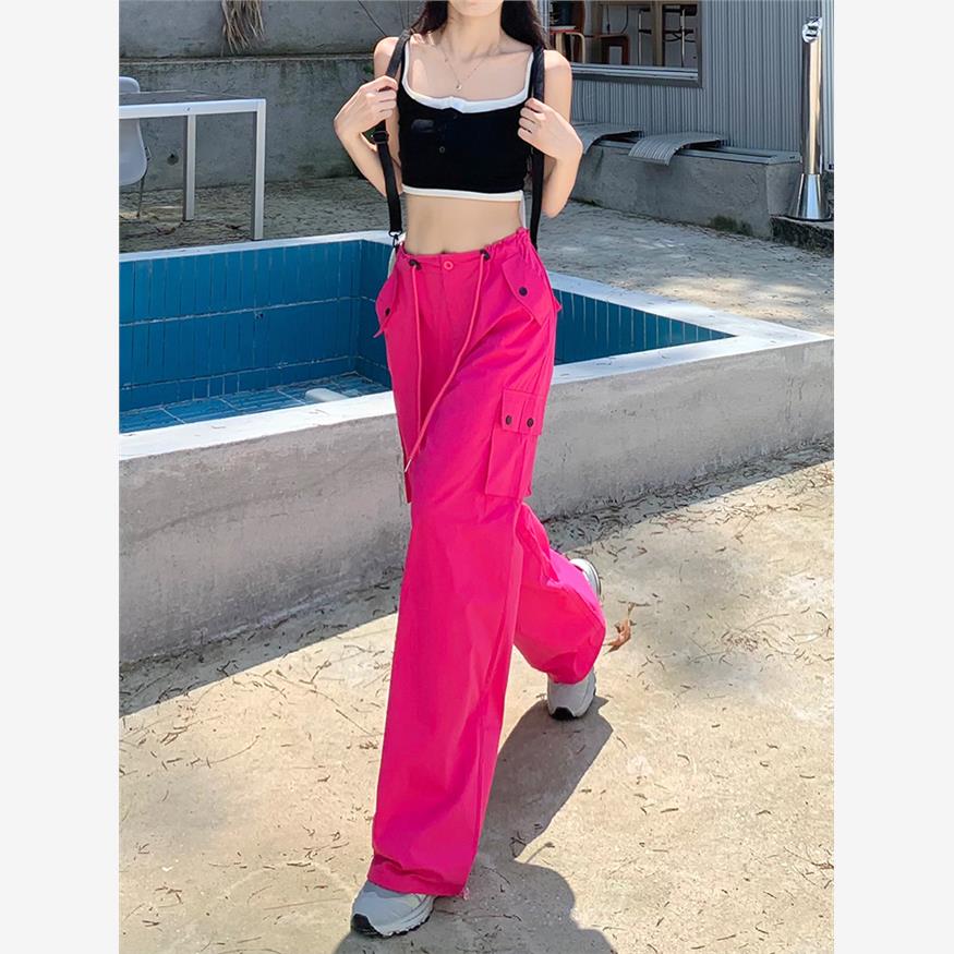 玫红色工装裤女2024新款夏季