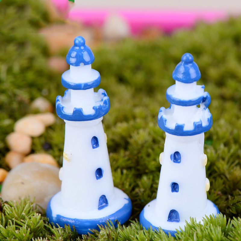 微景观装饰摆件地中海风白色蓝边灯塔鱼缸家居水族树脂工艺品装饰