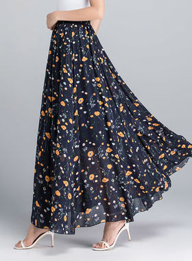 Print A-Line Mother Dance Skirts Swing Chiffon Skirt碎花裙子