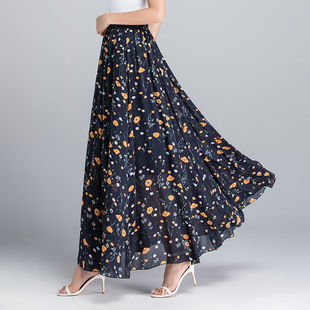 Print A-Line Mother Dance Skirts Swing Chiffon Skirt碎花裙子