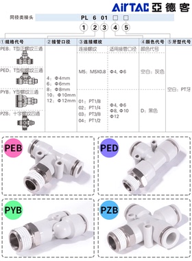 亚德客气动螺纹三通PEB/PED/PYB4/6/8/10/1202快速接头PZB快插PKD