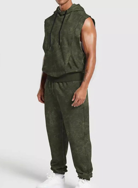 Floral sleeveless hooded pantsuit 满印碎花无袖连帽长裤套装男