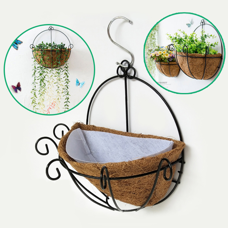 田园天然椰棕半壁挂式花篮防锈铁框花架半圆形贴墙花盆透气不烂根