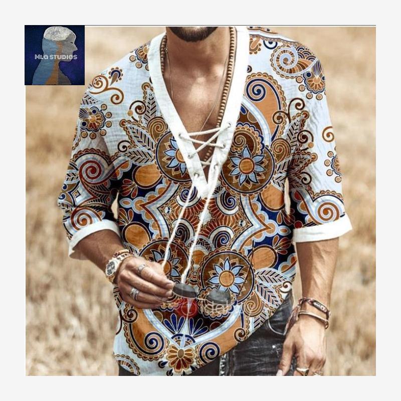 Men T-shirt欧美风短袖上衣2024夏季男薄款抽绳衬衫七分袖V领T恤