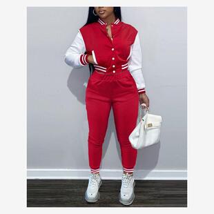 Bomber Jacket & Striped Trim Pants Set拼接长袖外套裤子两件套