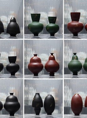 新中式创意复古红色喜庆花瓶摆件样板间茶室桌面插花陶瓷花器软装