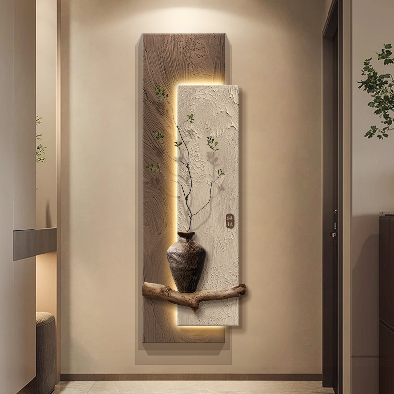 侘寂风绿植玄关装饰画禅意走廊过道挂画立体砂岩入户正对门壁灯画图片