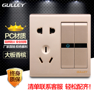 香槟金二开五孔双开双控开关电源插座面板86型两位2开带二三插