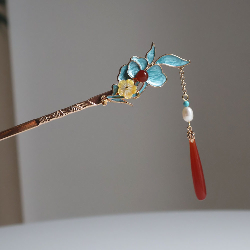 念念桃花点绛唇仿点翠烧蓝发簪玉石步摇古风汉服发饰旗袍盘发簪子