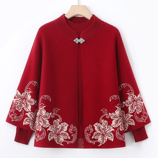 中老年人春秋外套女喜婆婆婚宴装妈妈喜庆结婚奶奶针织两件套上衣