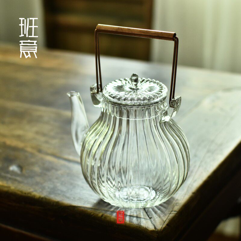 手工鹤首菊瓣筋纹汤沸玻璃烧水壶泡茶专用电陶炉煮茶器铜把提梁壶