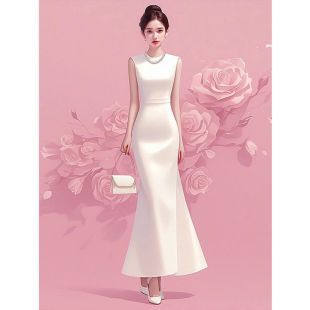 法式赫本风正式场合收腰长裙高级感端庄大气白色无袖连衣裙子女夏