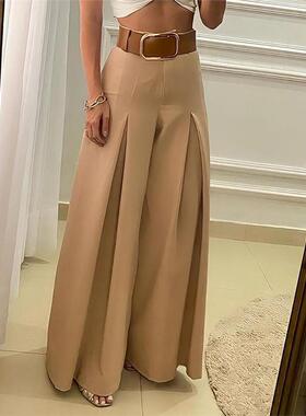High Waist Pleated Wide Leg Pants欧美风纯色高腰褶皱阔腿长裤