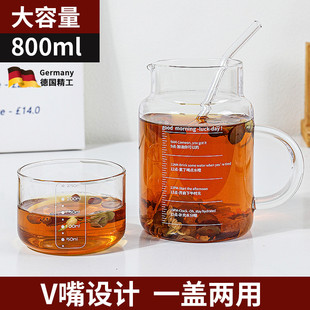 进口大容量玻璃杯耐热防爆耐高温800ml带把手带盖家用办公室水杯