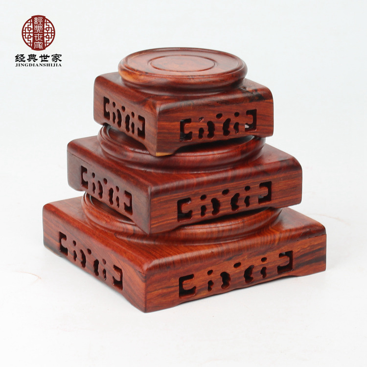 天圆地方底座 红檀 黑紫檀木雕古董花瓶石头印章摆件底座木托