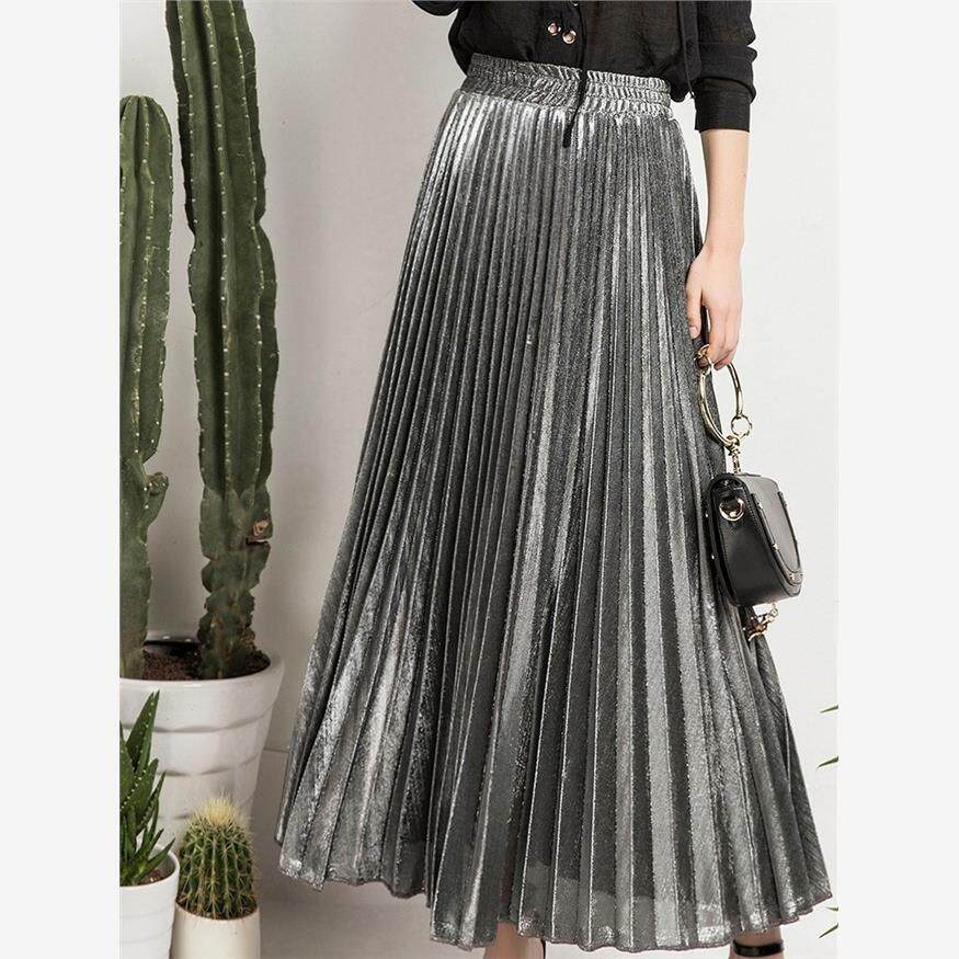 women retro long skirt 金属色半身裙松紧腰A字显瘦百褶裙