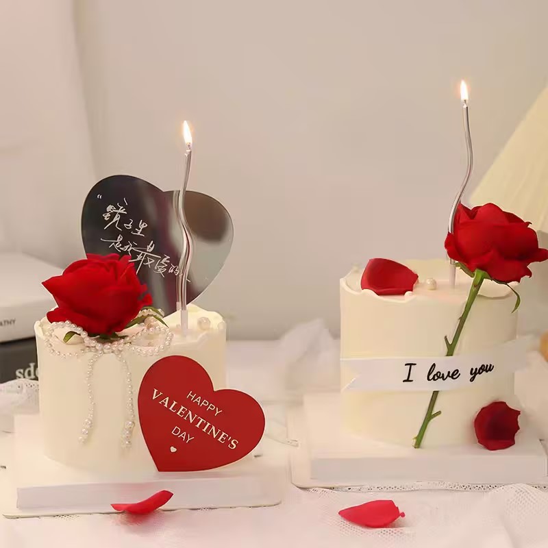 2024情人节快乐仿真玫瑰花蛋糕装饰品摆件珍珠蝴蝶结告白爱心love