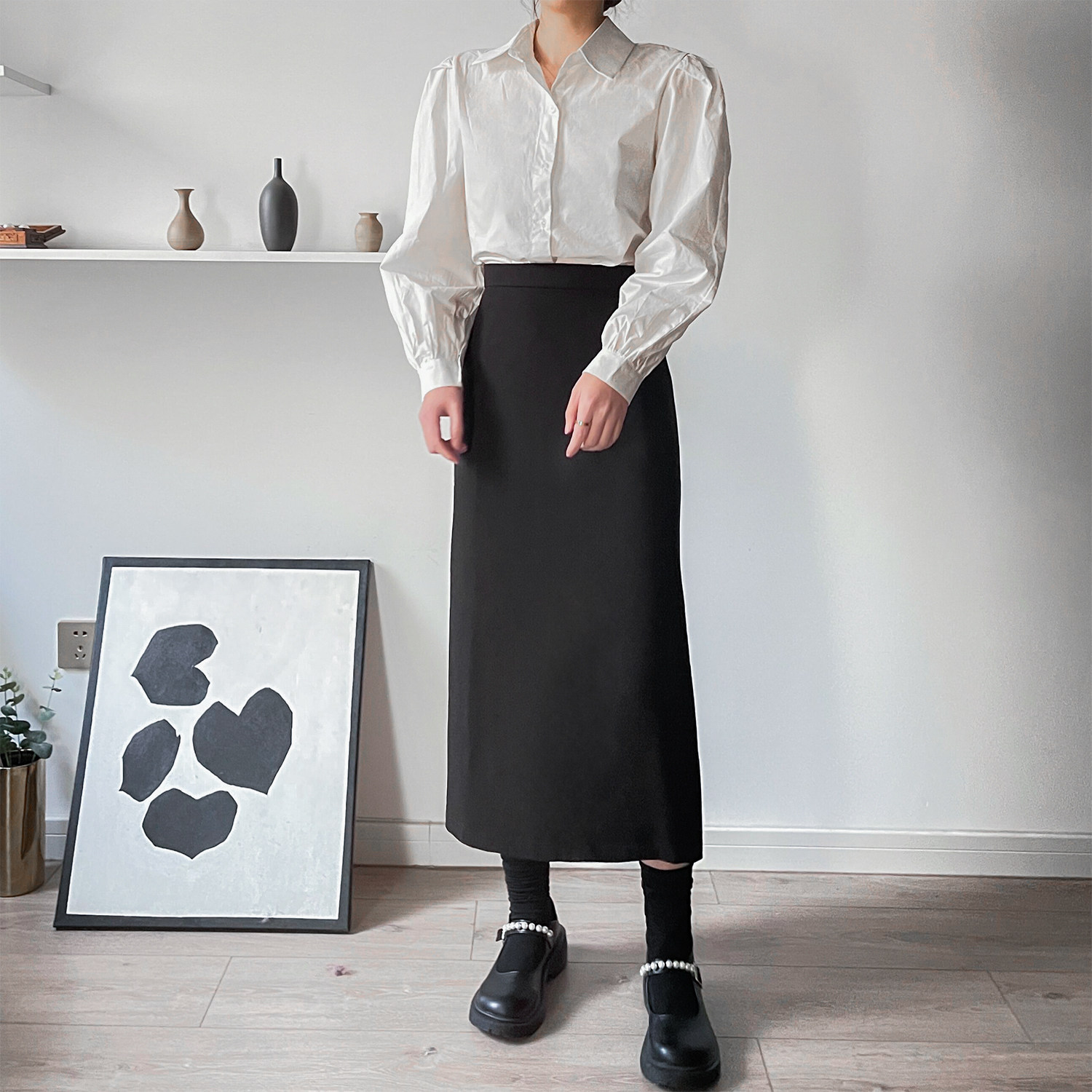 黑色百搭西装半身裙后开叉高腰直筒裙大码胖mm简约通勤上班一步裙