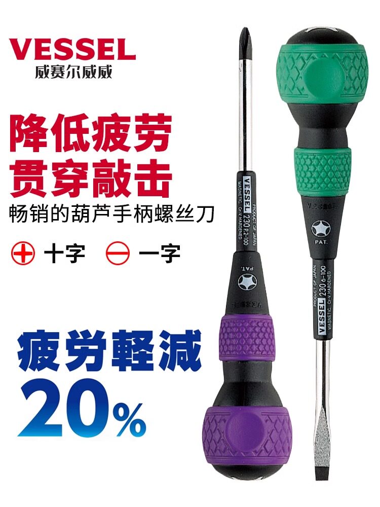 日本威威进口十字一字葫芦手柄螺丝刀批改锥起子穿心敲击加磁220