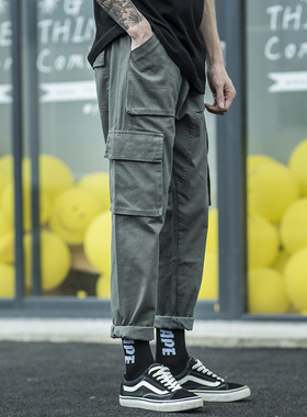 overallsmen's trendy loose multi-pocket straight casualpants