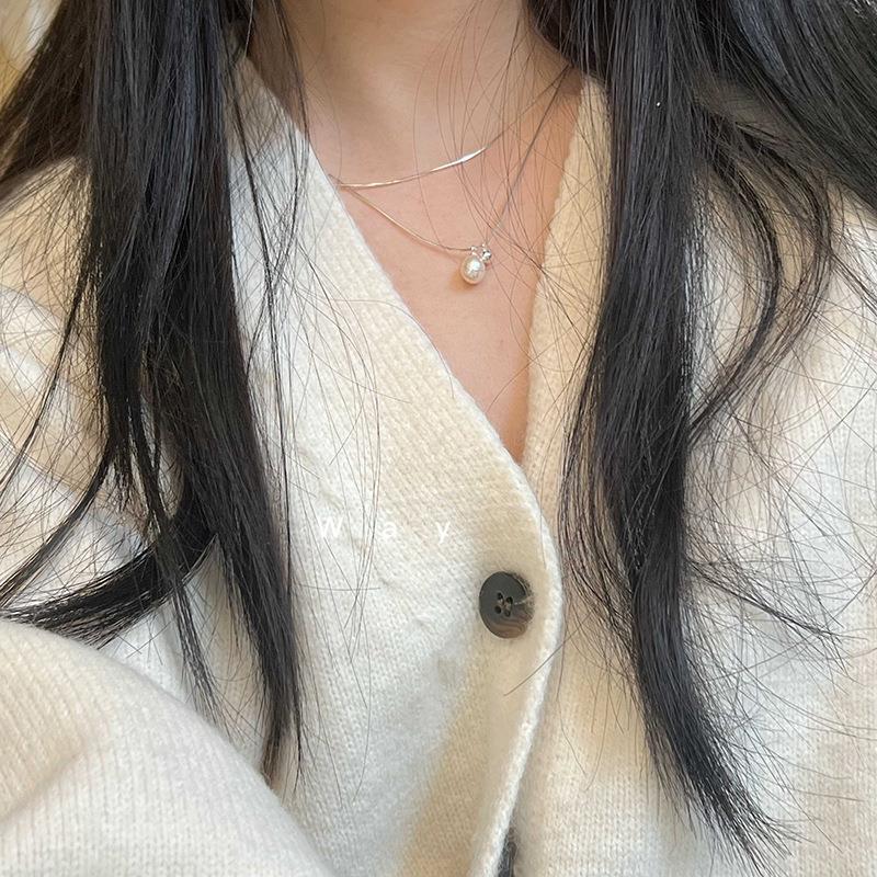 双层蛇骨链叠戴珍珠吊坠