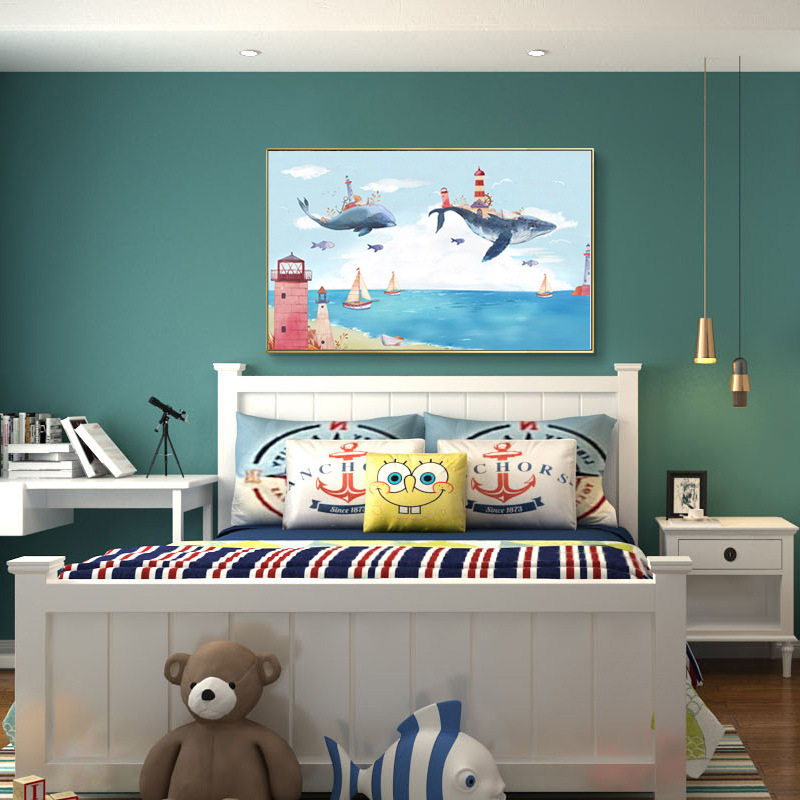 鲸鱼海洋 装饰画北欧风格儿童房油画小清新沙发背景墙ins挂画