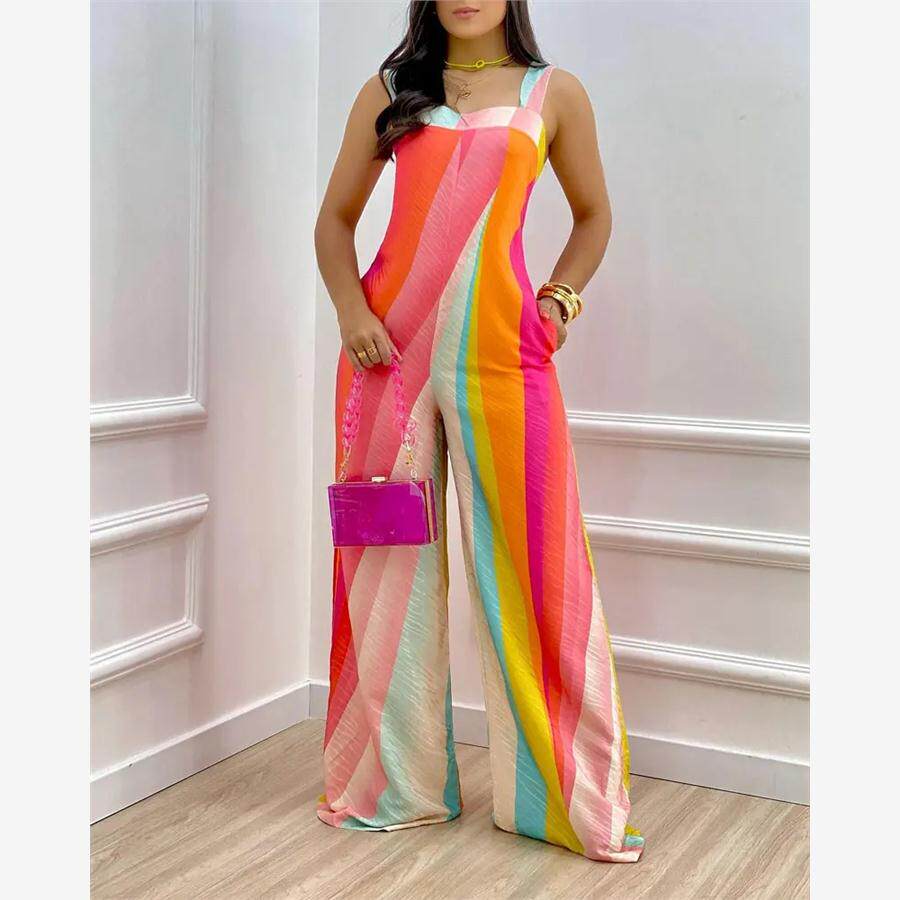 Colorblock Thick Strap Wide Leg Jumpsuit彩色印花吊带连体裤女