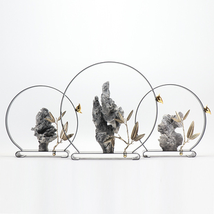 现代新中式禅意铁艺太湖石摆件酒店样板房博古架客厅玄关软装饰品