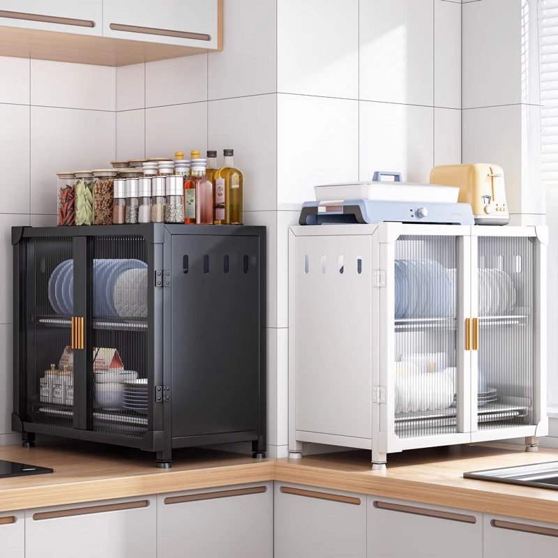 厨房家用碗碟收纳架小型置物柜简易带门台面多功能碗筷沥水收纳盒